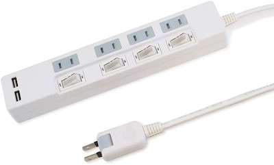 他サイト： USB付 電源タップ 延長コード コンセント 4口 USB 2ポート合計2.4A 電源コード 2m 18ヵ月保証 雷ガード シャッター付コンセント スイングプラグ OAタップ STP4UA2W-2の商品画像
