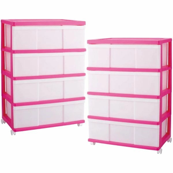 収納ケース プラスチック 引き出し ワイド 4段 2個組 幅60 おしゃれ ピンク キャスター付き