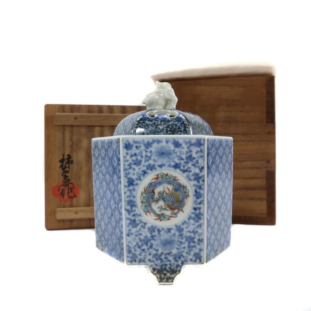 十二代 酒井田柿右衛門 造 染錦地紋丸紋画香炉 骨董品 陶磁器 _ 中古品