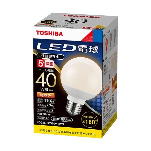 (まとめ) 東芝ライテック LED電球 ボール電球形 E26口金 3.7W 電球色 LDG4L-G/G70/40W/2 1個 (×5セット)