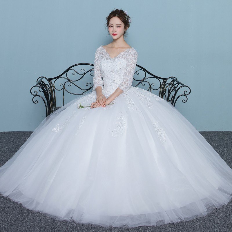 ウエディングドレス エンパイア 二次会 長袖 ウェディングドレス 安い プリンセス 花嫁 ドレス 結婚式 披露宴 ロングドレス ブライダル 姫系 白 大きいサイズ