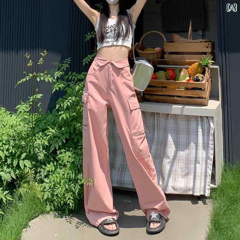 カーゴパンツ レディース カジュアル ハイウエスト 大きめサイズ 秋冬 ストレート ワイドパンツ 韓国 薄手 ポケット ピンク ホワイト
