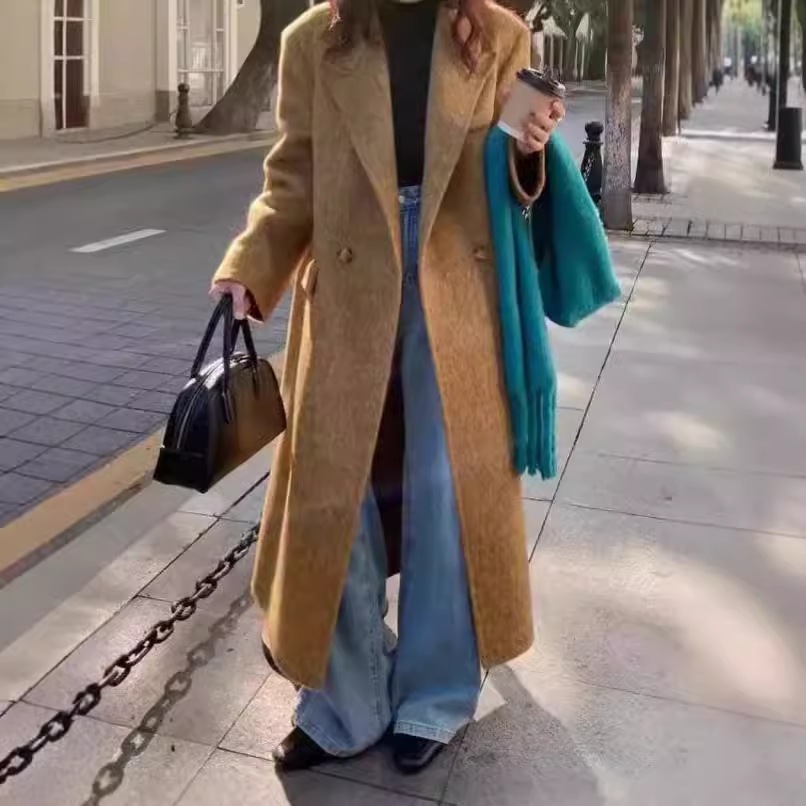 韓国風直角肩パッド両面カシミヤコートスーツの襟が長く上品なウールのラージコート 6,593円