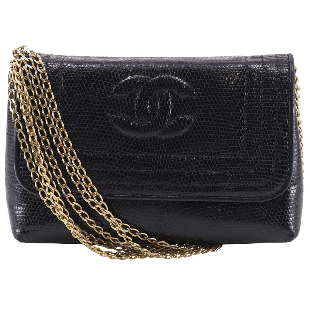 チェーンショルダー ココマーク ヴィンテージ ショルダーバッグ リザード 黒 レディース 中古品