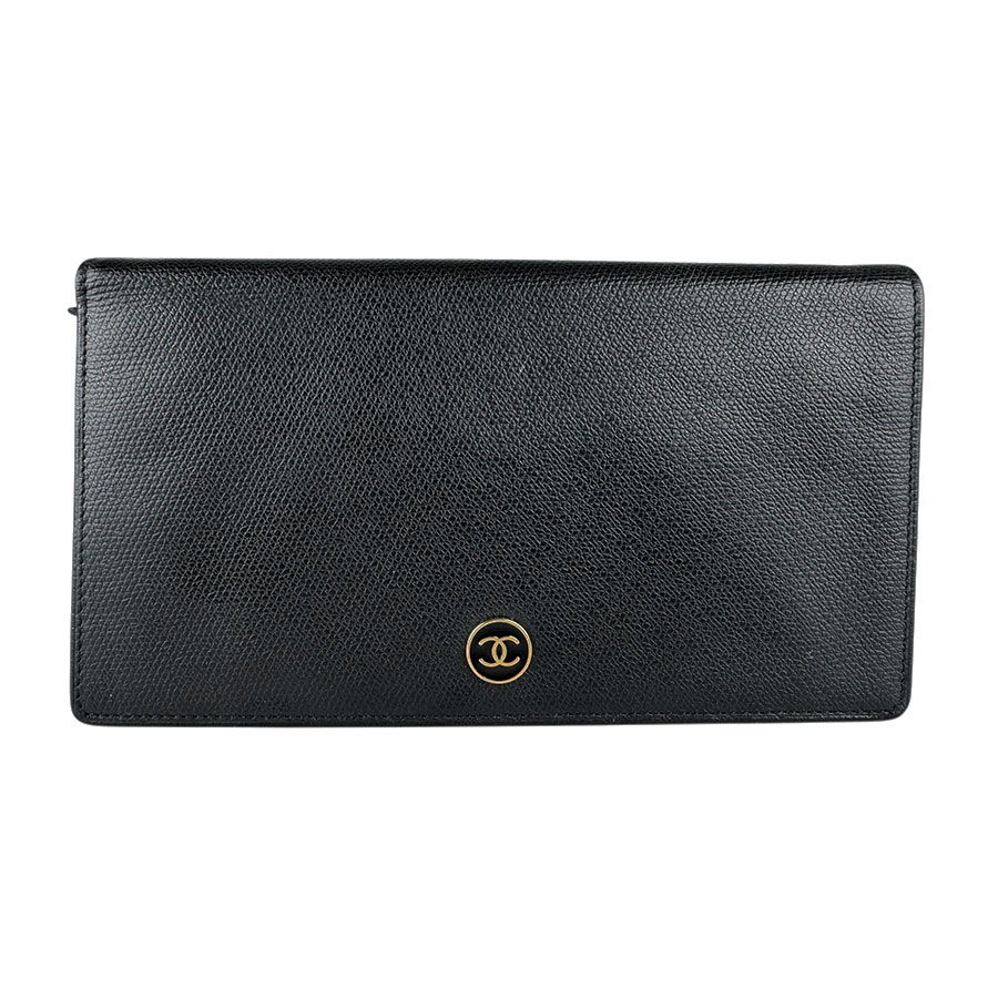 シャネル CHANEL 二つ折り長財布 ココボタン レザー ブラック レディース z9093