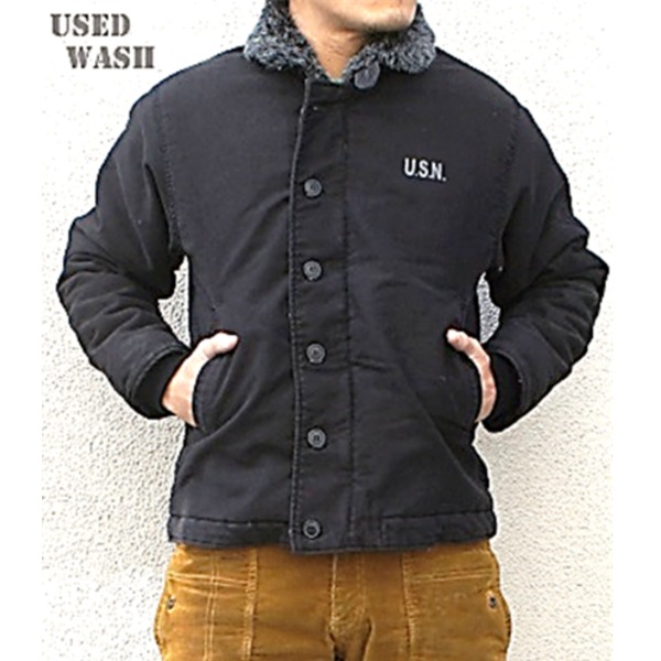 アメリカ軍 N-1 デッキジャケット ストーンウォッシュ加工 ブラック（裏ボア グレー）40（XL）