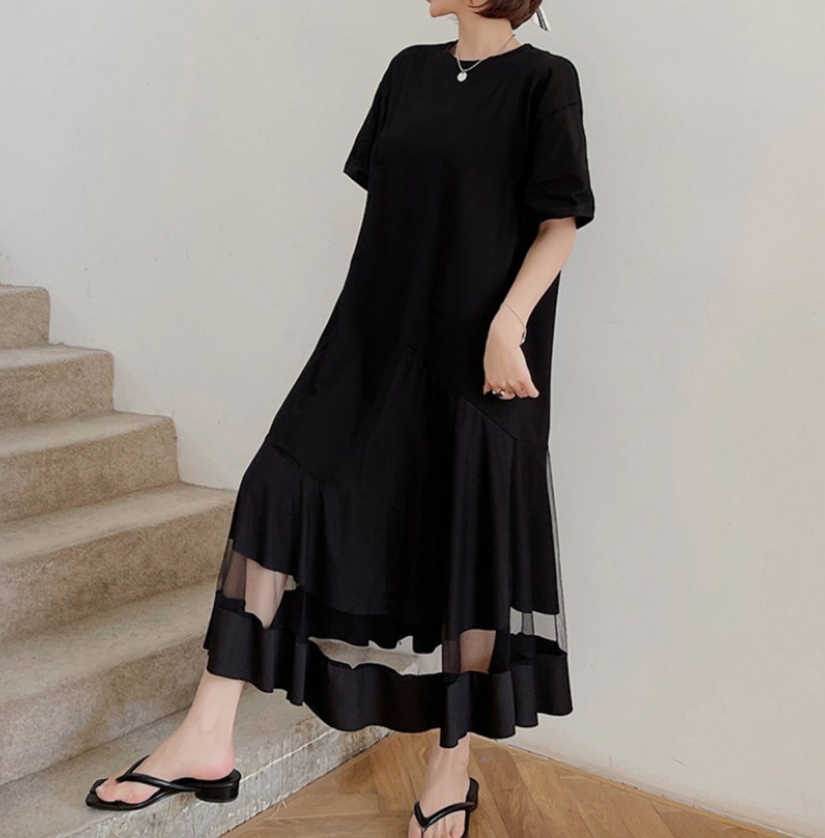 ワンピース デート かわいい 大人可愛い きれいめ シンプル カジュアル 大人 上品 おしゃれ 半袖 シアー 異素材ミックス 透け感　半袖 ラウンドネック 無地 ロング丈 ブラック 3XL 韓国 モテ