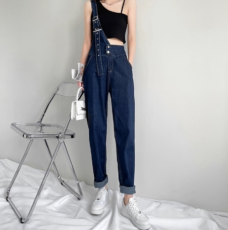 サロペット Gパン ズボン ロング丈 袖なし ノースリーブ ワンショルダー ワンショル スリム タイト 細身 アシンメトリー ベルト 切り替えデザイン デニム かわいい 大人可愛い カジュアル 5,096円