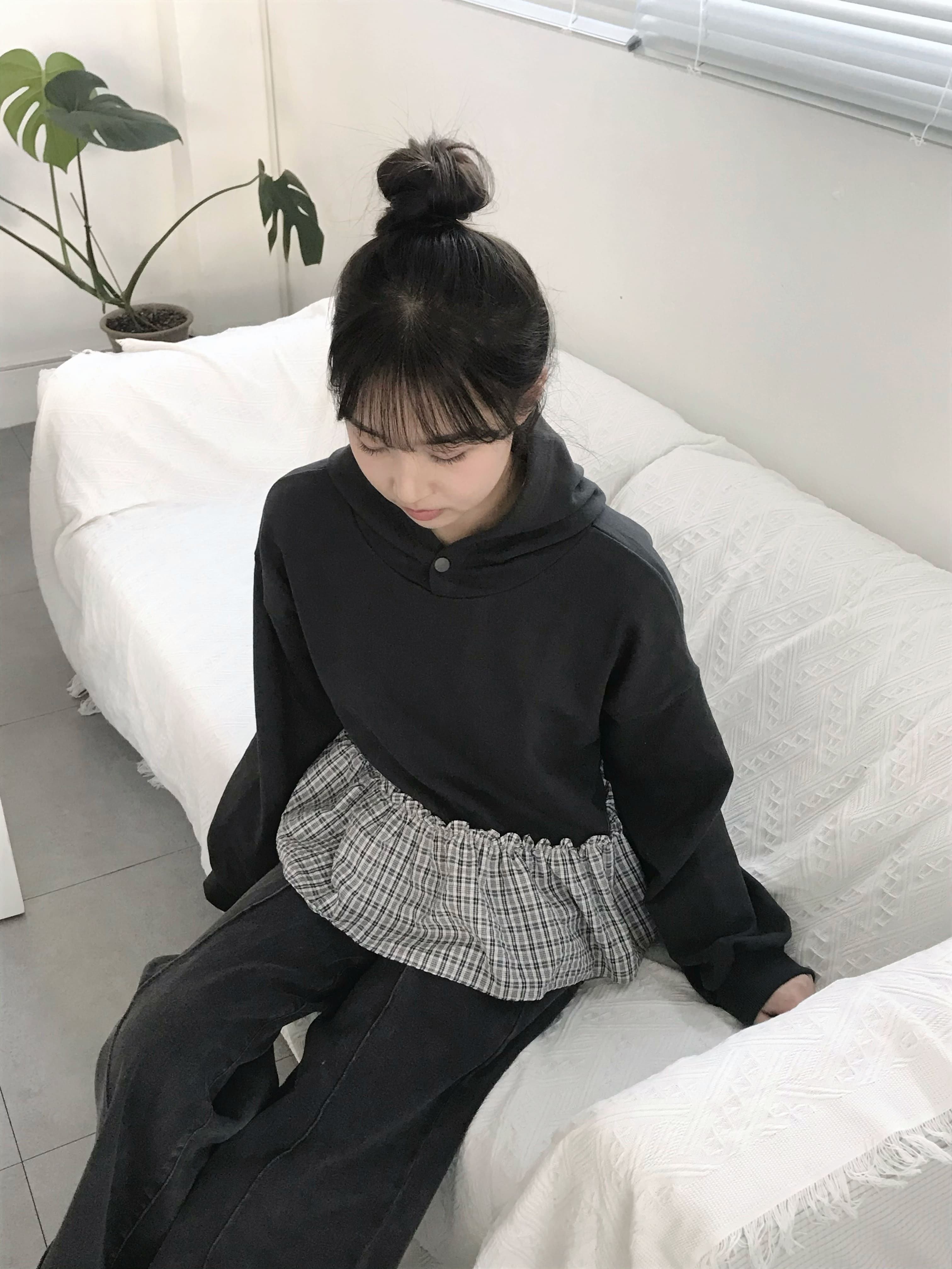 [春の新商品] チェック フリル フードTシャツ