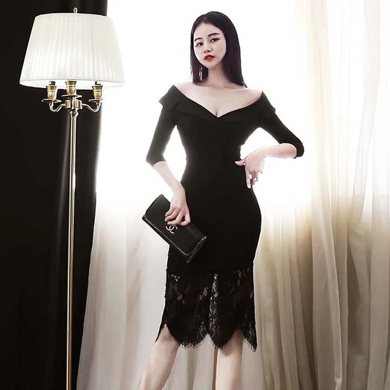 ドレス レディース ブラック 披露宴 パーティー ワンピース ひざ丈 Vネック 5分袖 レース スカート オフショルダー 上品 エレガント フォーマル きれいめ かわいい シンプル ゴージャス タイト