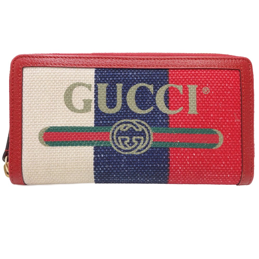 プリントジップアラウンドウォレット 524790 長財布 キャンバスxレザー レッド ブルー ホワイト/180246【中古】
