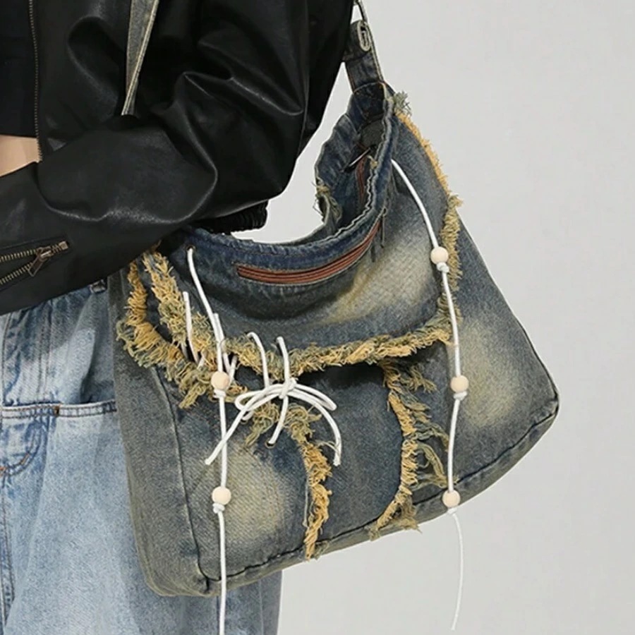 レトロヴィンテージ ショルダーバッグ デニムクロスボディ メッセンジャーバッグ 大容量ジッパー軽量 Cowgirl女性用ショルダーバッグ