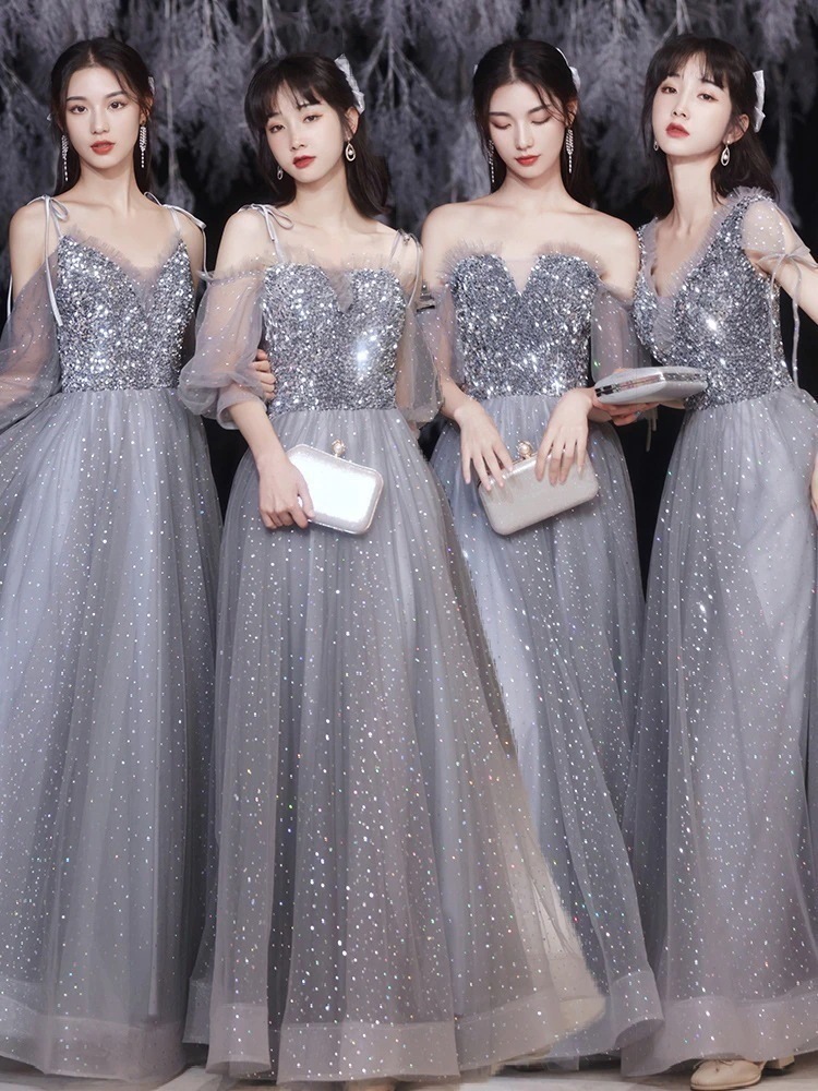 グレー2024新しい春の結婚式のイブニングドレスの気質長い薄い