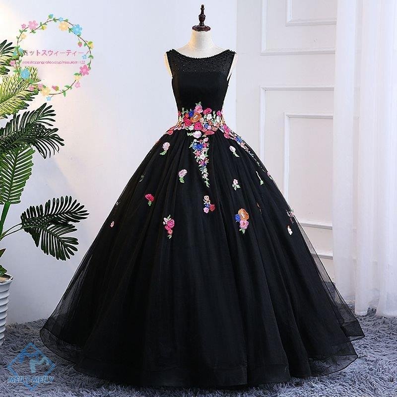 カラードレス ブラック ノースリーブ 花柄 刺繍 舞台衣装 フォマールドレス 黒 演奏会 発表会 ス