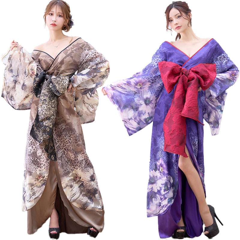 【高級ライン】【2カラー/2点セット】ヒョウ柄 花柄 スリット ロング オフショル 豪華 花魁 着物 ドレス コスプレ イベント [1501]
