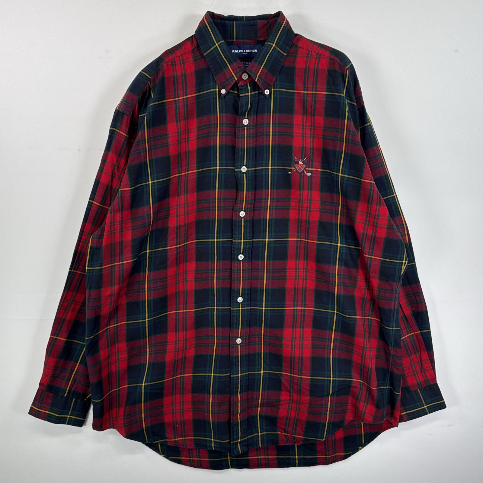 古着 長袖シャツ ボタンダウンシャツ ワンポイント 刺繍 ゴルフ マルチカラー L レッド チェック メンズ