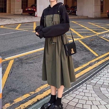 【ファッション】 キュートすね丈フード付きプルオーバー切り替えAライン配色カジュアルワンピース