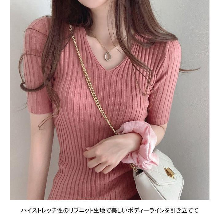 春 夏 ワンピース 夏 細身 5分丈袖 ショート丈 レディース リブワンピース Vネック 半袖ワンピース サマーワンピース 伸縮 五分丈袖ワンピース