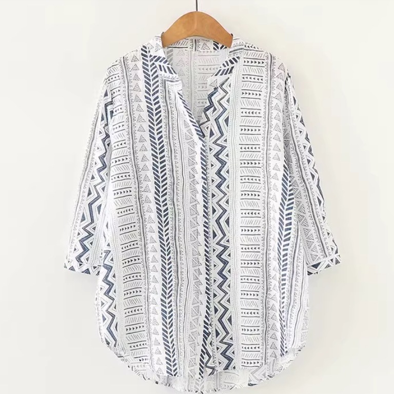 レディース トップス シャツ ブラウス 前開き 7分袖 Vネック 襟なし ワイド ボタン 薄手 かわいい 大人可愛い きれいめ シンプル カジュアル 上品 おしゃれ かっこいい レトロ エスニック