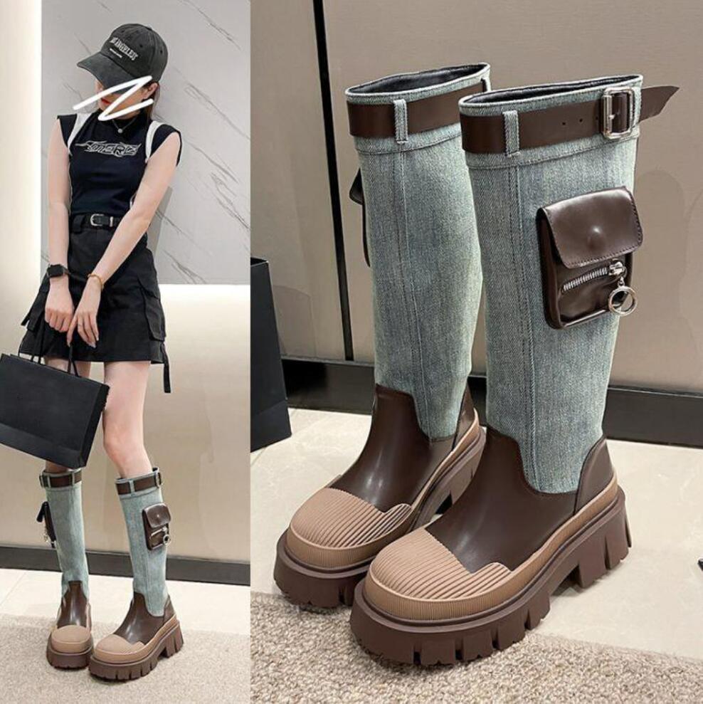デニムロングブーツ 厚底 ローヒール 美脚 歩きやすい 疲れにくい ガーリー