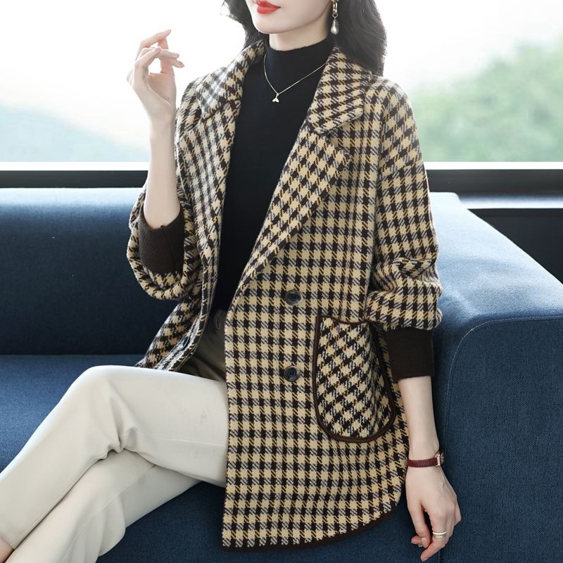 2025の新スタイルスーツ襟両面カーディガンレディース韓国風ジャケットゆったり万能チェック柄カーディガンコートファッション