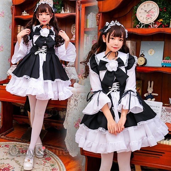 メイド コスプレ 胸元大型リボン ウエスト 編み紐 フリル袖　アイテム豊富　豪華セット