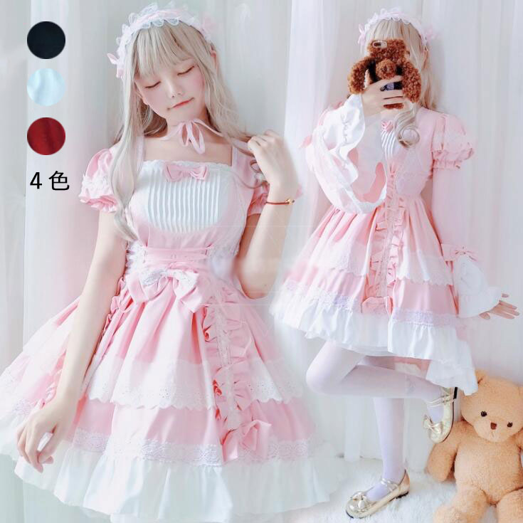 ロリータワンピース 甘ロリータ 甘ロリ お姫様ワンピース プリンセスドレス 個性的 可愛いロリータ服 長袖/半袖 袖外れる リボン フリル かわいい コスチューム ゴスロリ コスプレ衣装 ハロウィン