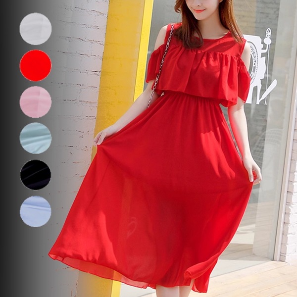 全６色 ワンピース/サスペンダードレス レディース ドレス ワンピース フレアスカート ロングスカート ロング 半袖 ラウンドネック オフショルダー 襟なし ノーカラー Aライン シフォン フェミニン