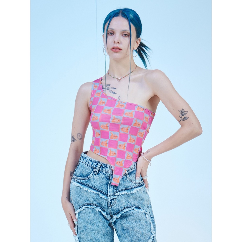 好事家チェックラビットアンバランススリーブレス