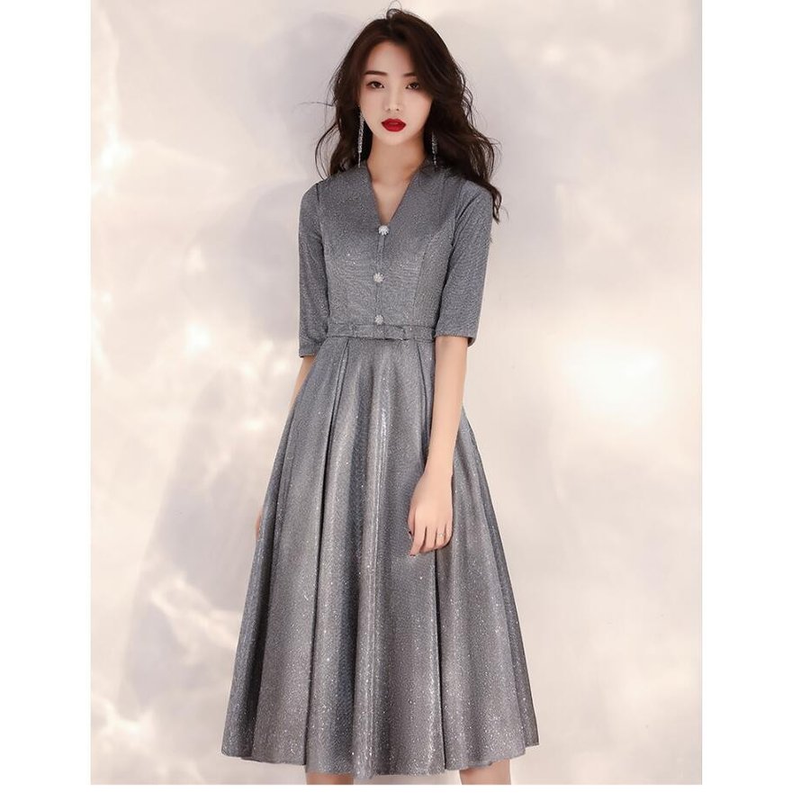 パーティードレス 結婚式 上品 ミモレ丈ドレス 袖ありワンピース ウエディングドレス 大きいサイズ