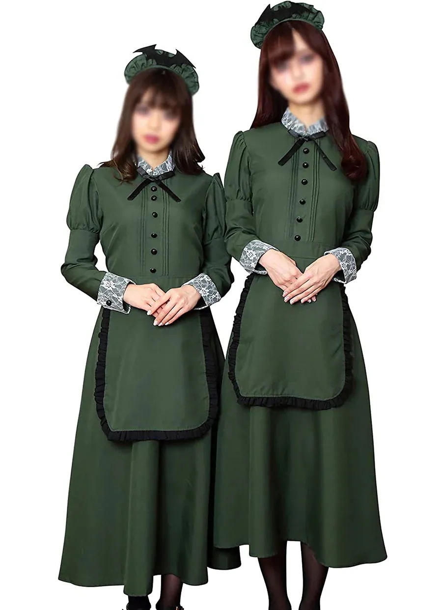 用 ボルドー メイド服 長袖 ワンピース コスプレ衣装 緑 洋館メイドコスプレ変装仮装ワンピース