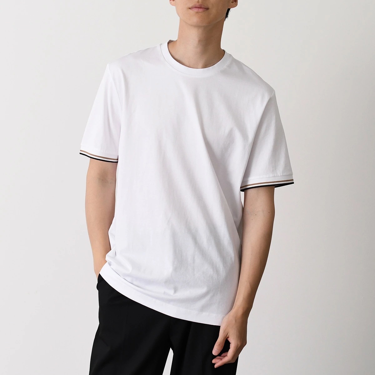 Tシャツ トップス コットンジャージー シグネチャーストライプカフ 50501097 メンズ ホワイト コットン ショートスリーブ