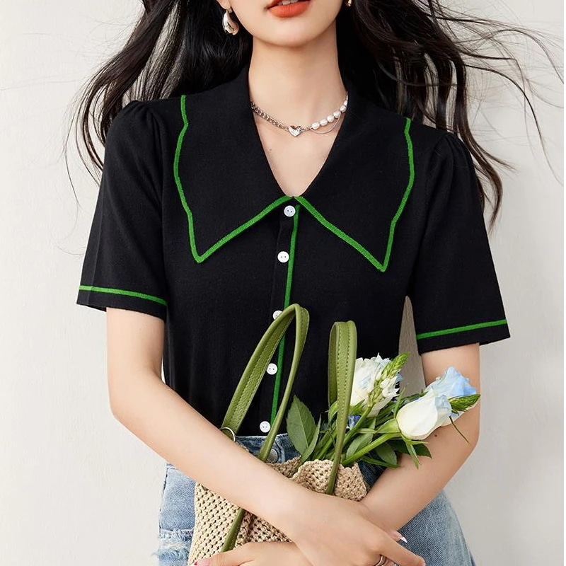 ニットカーディガン フレンチレトロニットtシャツ女服ボン風デザイン感半袖上着Tシャツカットソー