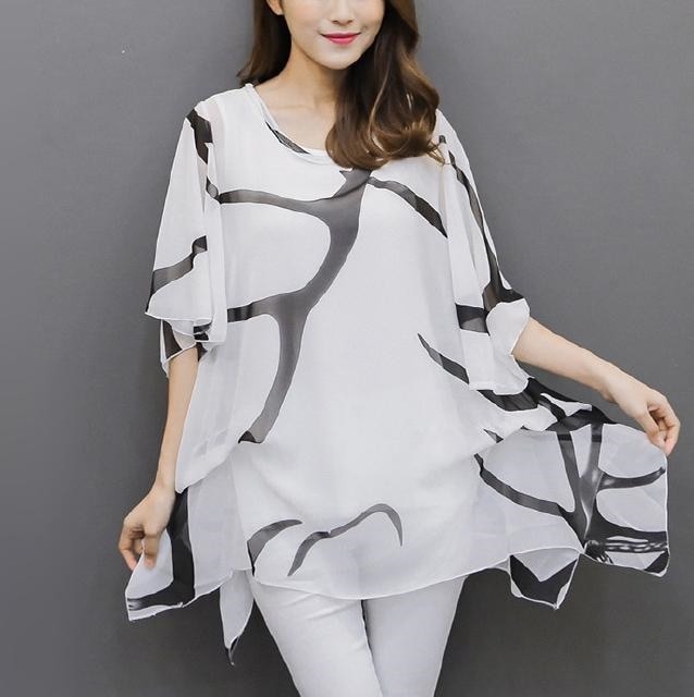 2303.袖フレアシフォンチュニックトップス(ホワイト) 2019 春夏 新作 大人 かわいい カジュアル OL 20代 30代 デート服 女子会 二の腕カバー 体型カバー