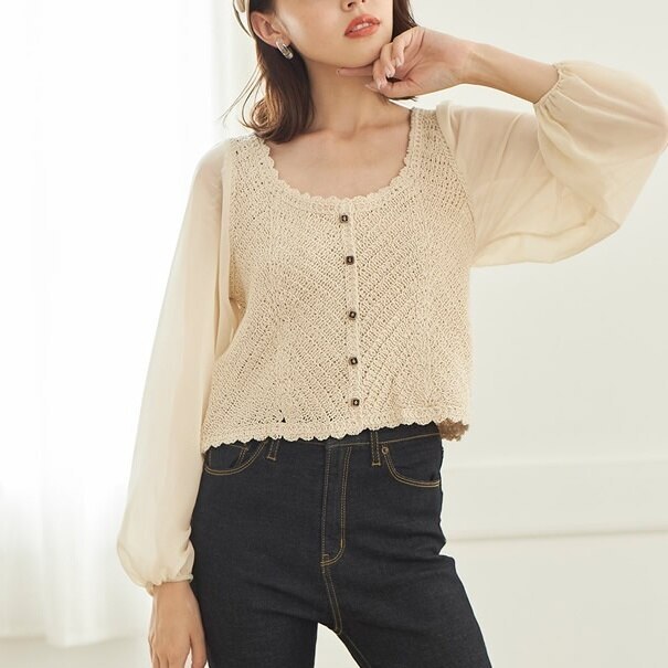 トップス シャツ ブラウス ニット レディース 春夏 かわいい ゆったり 長袖 ショート ショート丈 ミニ丈 ゆったり 長袖 ボリューム袖 Uネック ラウンドネック 襟なし フレア セミフレア 切り替