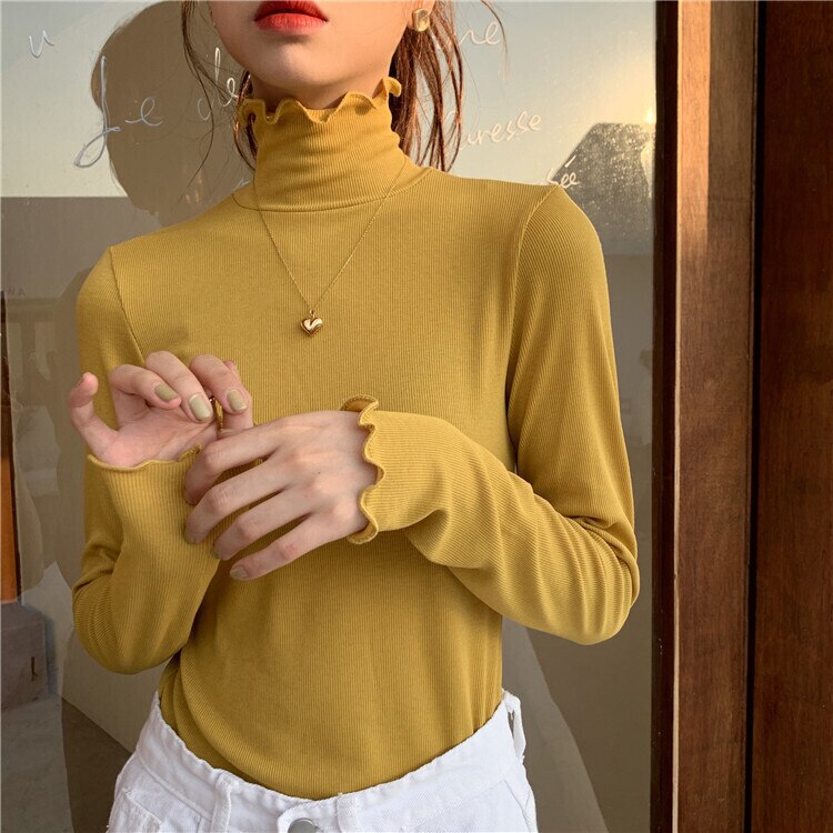 ５色 トップス カットソー ニット プルオーバー 冬 春 秋 かわいい きれいめ カジュアル レギュラー丈 長袖 フリル袖 ハイネック タートルネック フリルカラー スリム タイト 細身 ストレート