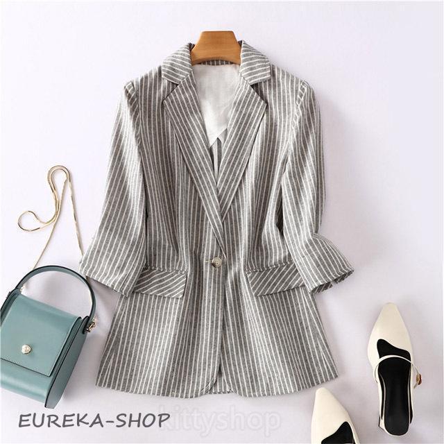 (girl shop)新品販売 ジャケット レディース 夏 ストライプ 通勤 OL リネンジャケット 7分袖 薄手 30代 40代 サマージャケット グリーン 赤 ブラック 2枚購入で200円OFF