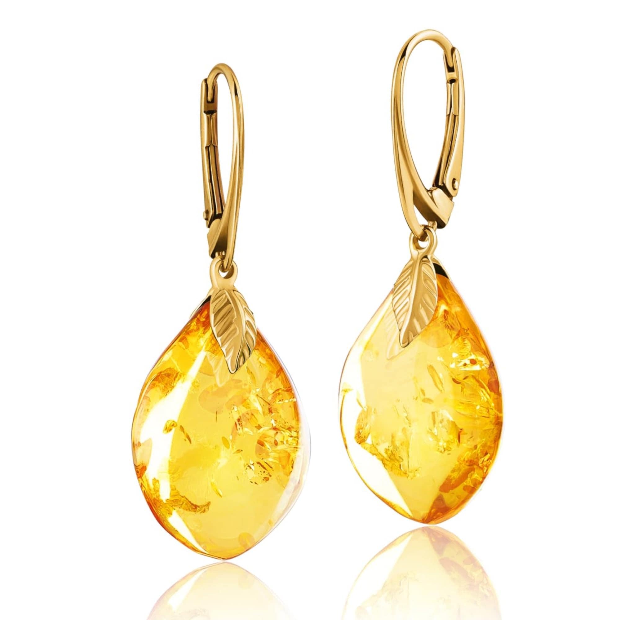 [Amber by Mazukna] 琥珀 ピアス コニャックアンバー 専用ジュエリーボックス付き Silver925 ゴールドプレーティング金具 レバーバック開閉式 レディース 軽量 上品なジュ