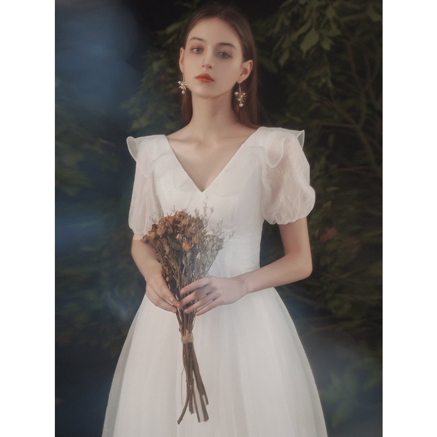 二次会 ウェデイングドレス ウエディングドレス パーティードレス 花嫁 ワンピース 結婚式 チュールスカート ロングドレス Aライン 挙式 シンプル Vネック