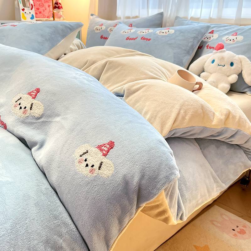 タオル刺繍ミルクレーヨン4点セット冬の加絨両面加厚サンゴレーヨン布団カバーベッドシングル3点セット 5,888円