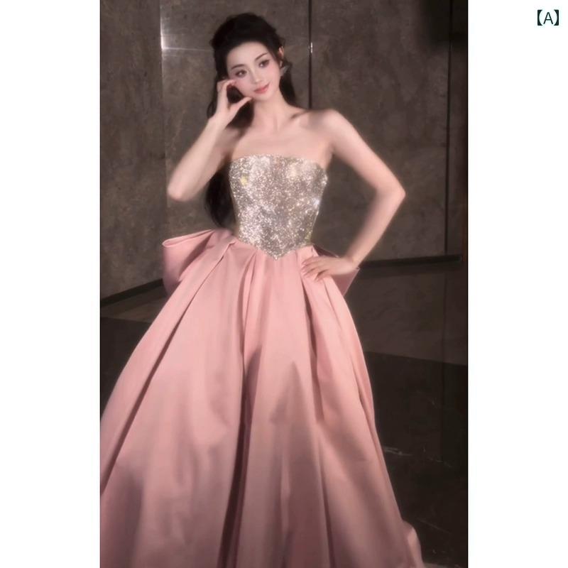 ドレス　パーティー　レディース チューブ トップの イブニングドレス 高級 軽い フレンチ パーティー ホスト 婚約 トースト ドレス プリンセス 誕生日 成人 式