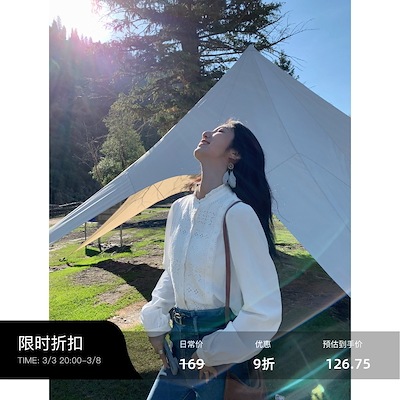 ムートンフランスの木の耳元の白いシャツの女性の春と秋のデザイン感のレースの刺繍のゆったりした雰囲気の長袖の上着