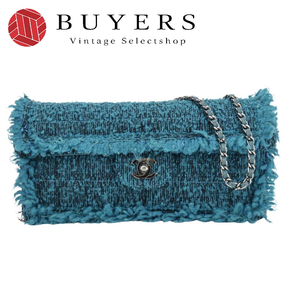 中古 ショルダーバッグ チェーン ツイード ブルー シルバー金具 ココマーク 7番台 肩掛け レディース 女性