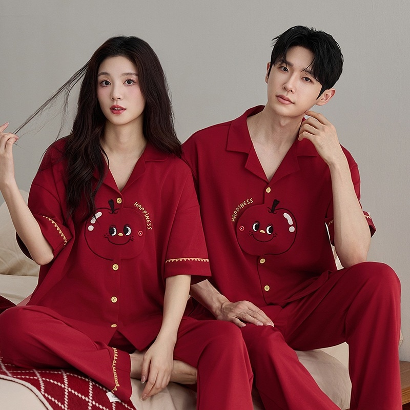 半袖カップルパジャマ純綿結婚持参金女性用レッド春夏新作男性用祝年セット