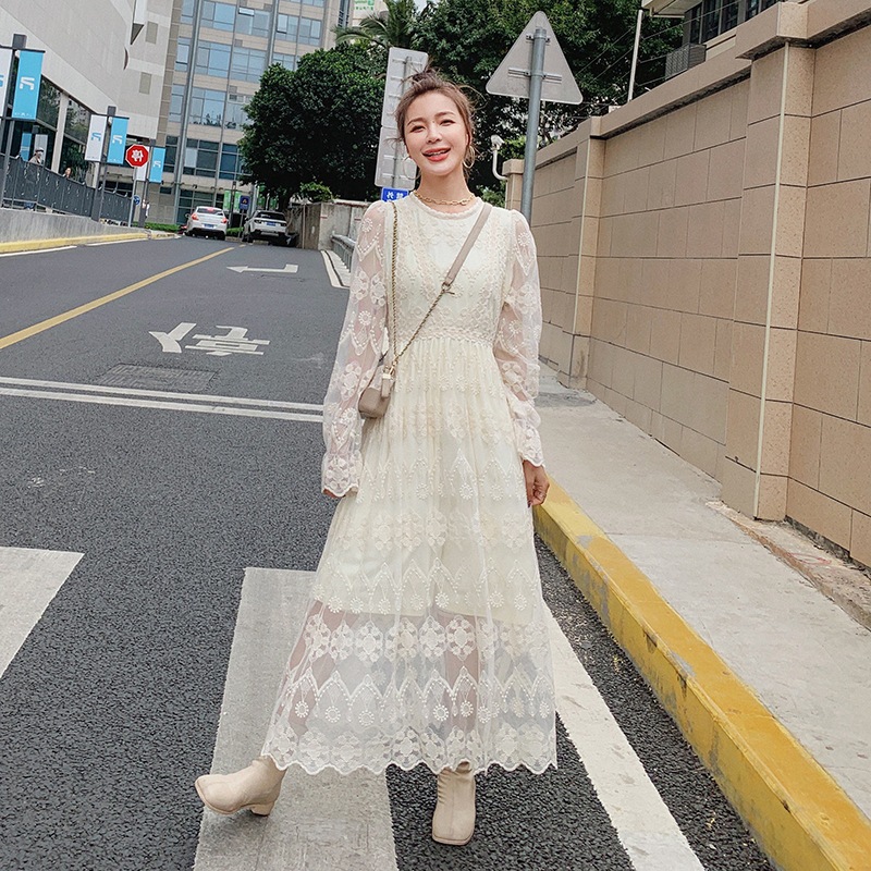 実物 2024 スカート レディース フレンチレトロな優しいレースワンピース 春夏新作 妖精のウエストロングスカート