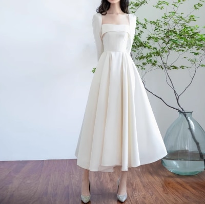 レディース ドレス マキシ 長袖 スクエアネック フレア Aライン ドレープ フェミニン タック レース チュール シフォン ウエストマーク ハイウエスト オーガンジー 大人可愛い きれいめ 上品