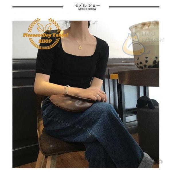 Tシャツ レディース 半袖Tシャツ スクエアネック スリムTシャツ 無地 タイトTシャツ 夏 カットソー 半袖 サマーTシャツ レトロ トップス 薄手 卒業式
