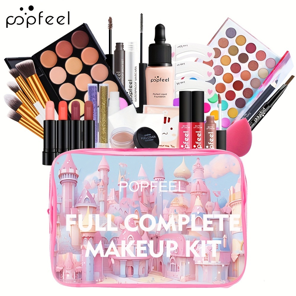 POPFEEL 完全メイクキット - 本物鮮やかで保湿効果のある初心者と学生向けの化粧品 - ファンデーションコンシーラーパウダーリップスティックブラシを含む - 母の日のプレゼントに最適な