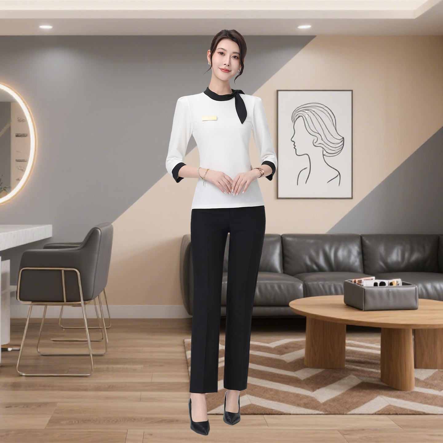 美容室制服女性ホテルフロント歯科喫茶店ゴールドショップ耳かきspaテクニシャン秋冬美容師スーツ