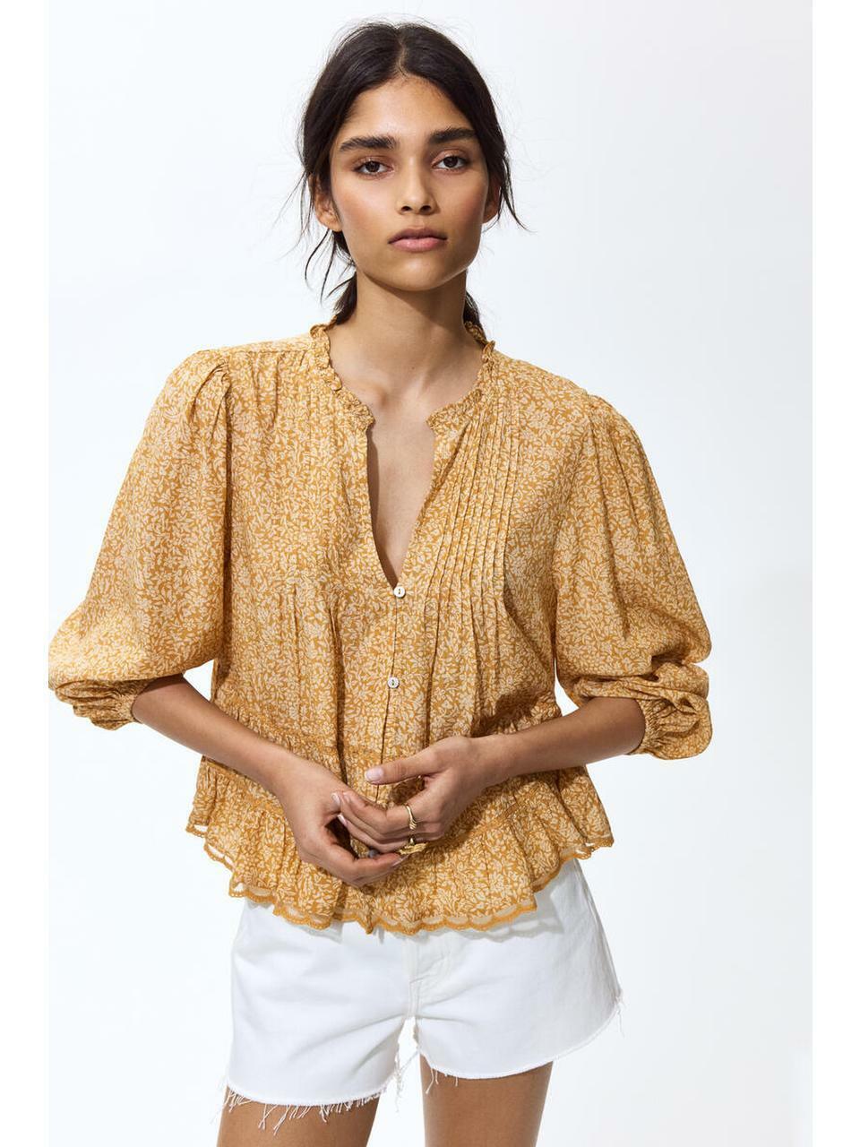 H&M ピンタックブラウスダークベージュフローラル 1308773003